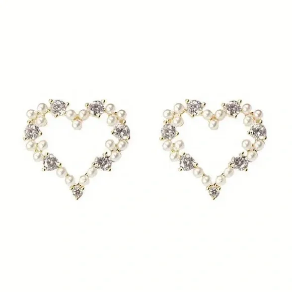 Pearl & Diamond Heart Gold Toned Stud Earrings - Picture 4 of 4